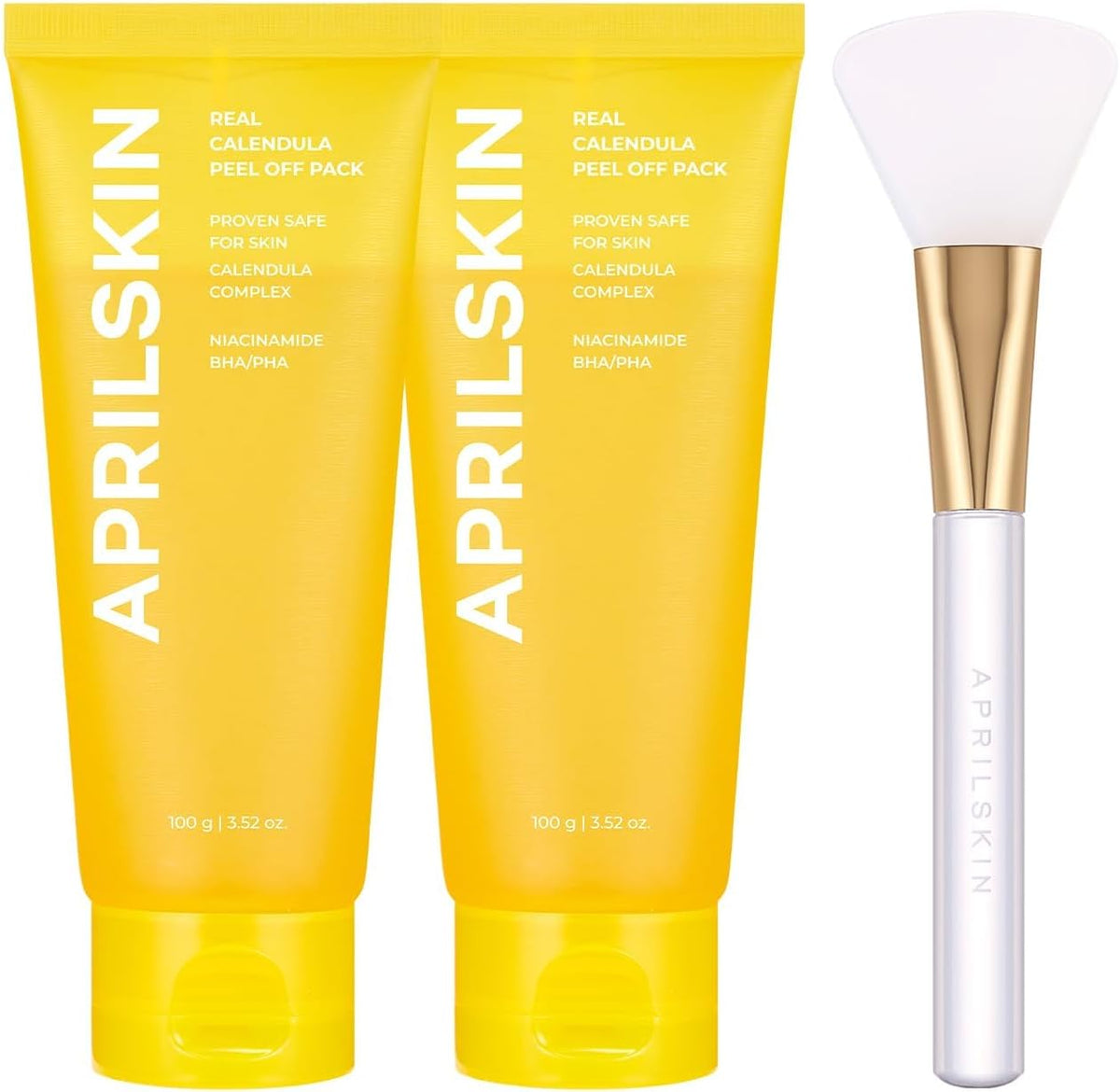 APRILSKIN Calendula Peel Off Mask Duo front view showing two tubes and the silicone jelly brush for pore minimizing.