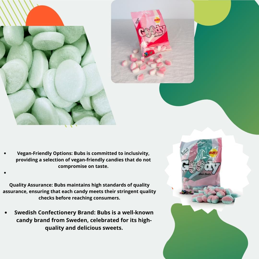 Authentic Bubs imported Swedish sour ovals chewy gummy candy packaging details