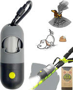 Hands free pet poop bag holder attached to a fabric dog training lead leash.