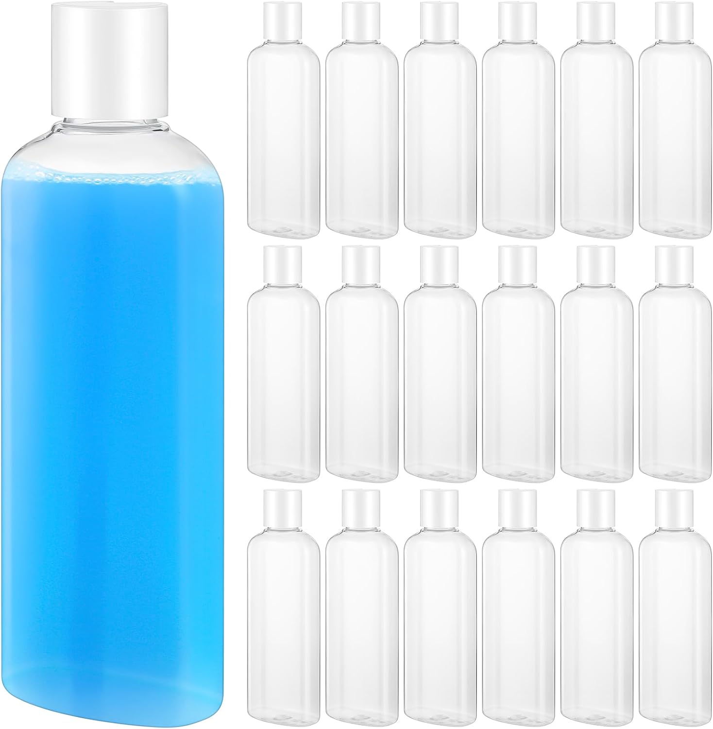 Domensi plastic bottle squeeze containers twenty four pack front view featuring clear bodies and secure white disc top caps for travel toiletries