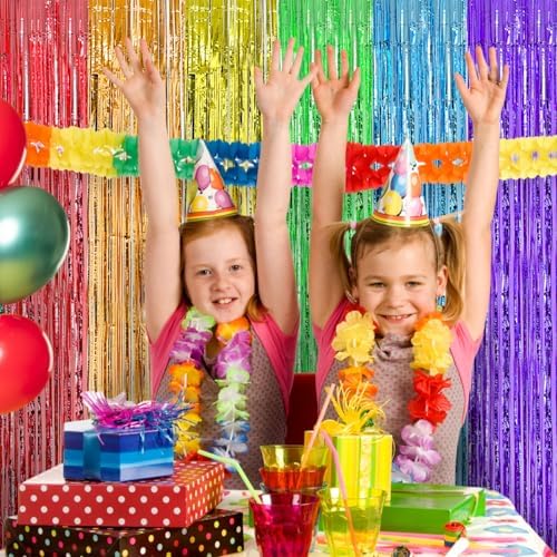 Close up view of the shimmering iridescent foil strands of the birthday backdrop curtain