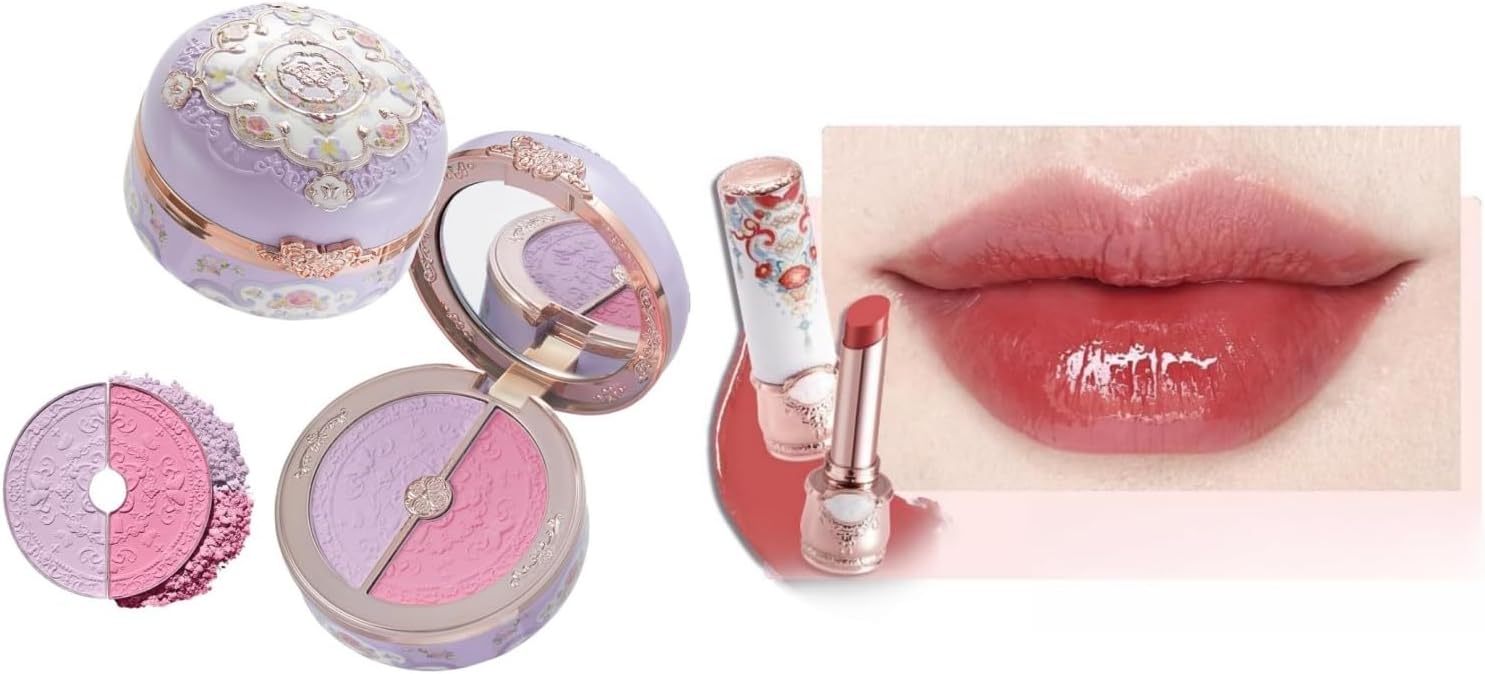 Flower Knows Butterfly Cloud Collar Rouge Box Highlighting & Blush Duo Powder and Glossy Lipstick Set,Tone Matte for Cheeks Bulidable,Soft Tinted Lip Gloss Balm(04 Fluttering Romance+C09 Camellia) - Image 1