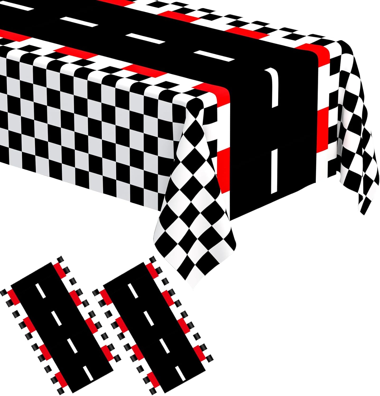 WNINK racing car disposable plastic tablecloths front view showing the black road design and checkered flag borders for party decorations