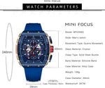 MF Mini Focus waterproof watch illuminated in low light showing luminous hands