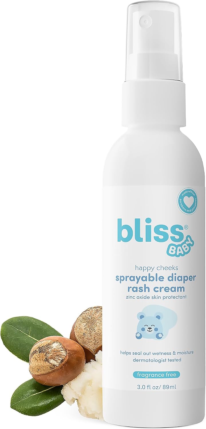 Bliss Baby Happy Cheeks Sprayable Diaper Rash Cream front view of the premium USA imported bottle