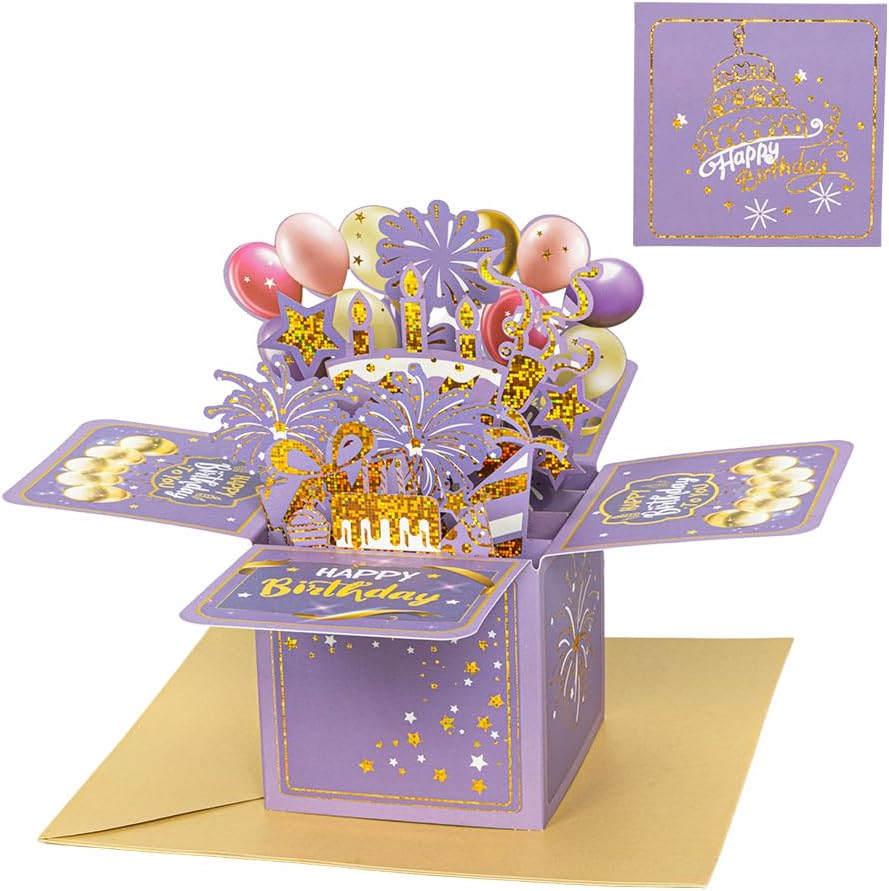 SunnyOcean 3D pop up birthday card front view showing purple and gold glitter cake design.