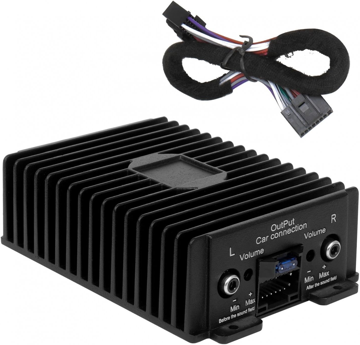 DriSentri 4-Channel Full-Range Car Amplifier front view showing black aluminum heat sink design.