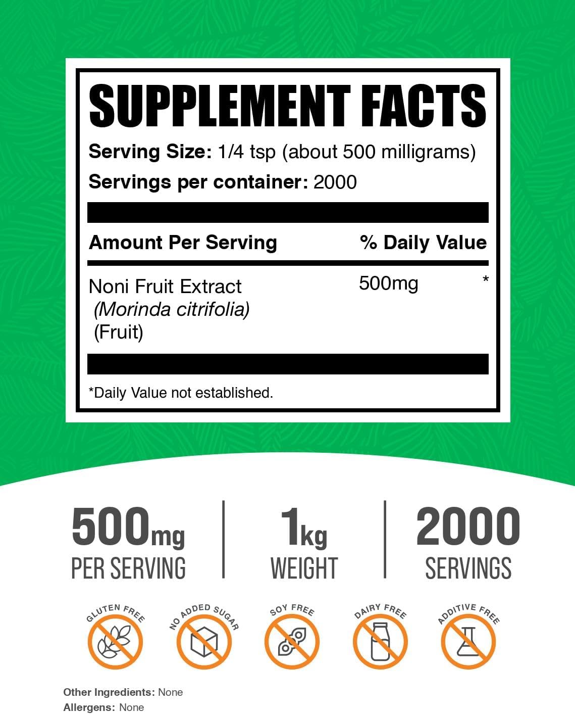 BulkSupplements Noni Fruit Extract Powder supplement facts and nutritional profile label details