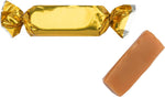 Close up of gold wrapped caramels showing double wrapper