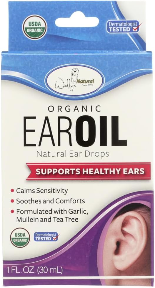 Wally's Natural Organic Ear Oil front view bottle and packaging
