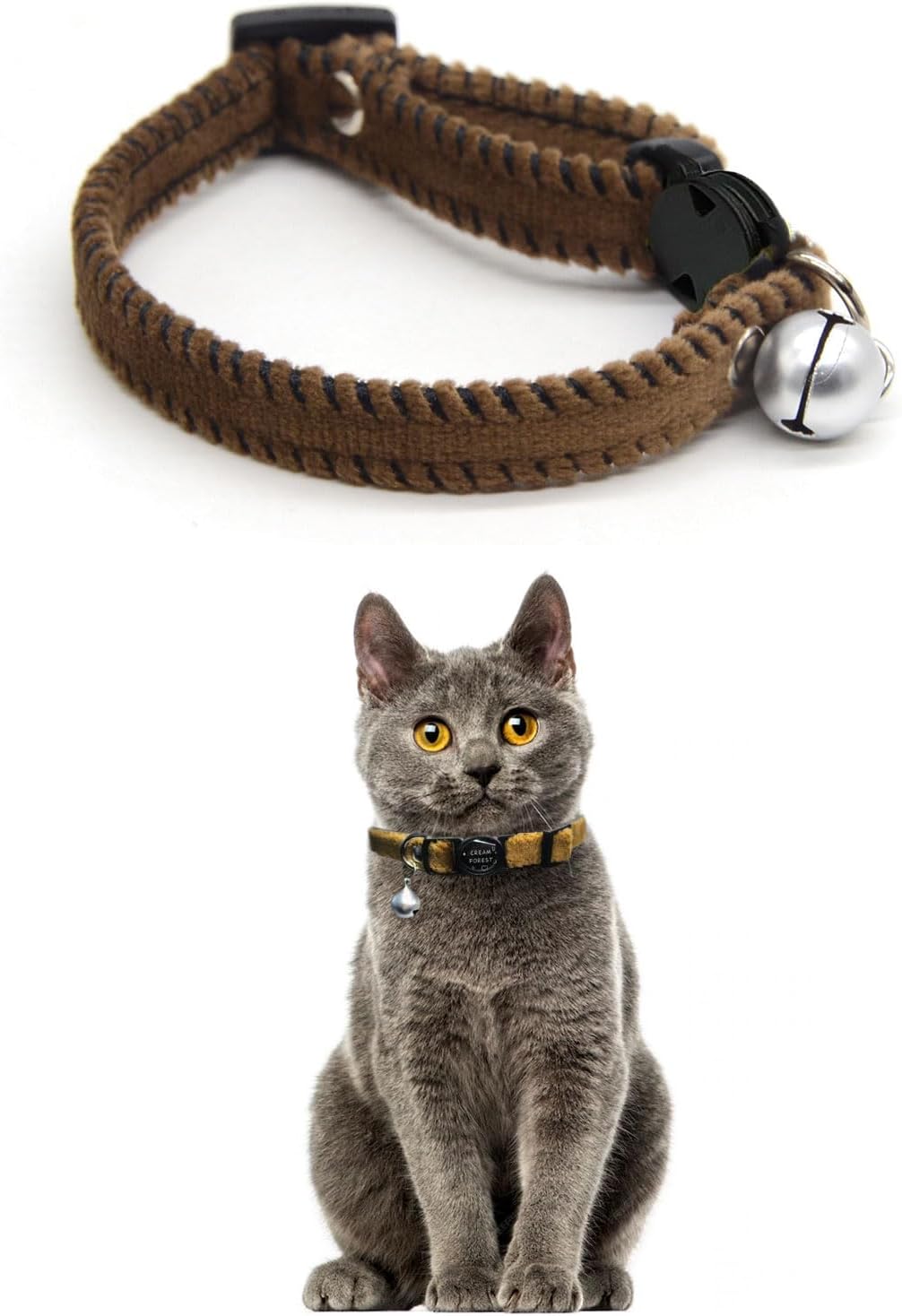 GoldTiger breakaway cat collar with bell front view in premium brown velvet.