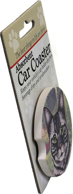 E&S Pets cat car coaster angled view highlighting the absorbent stoneware texture.