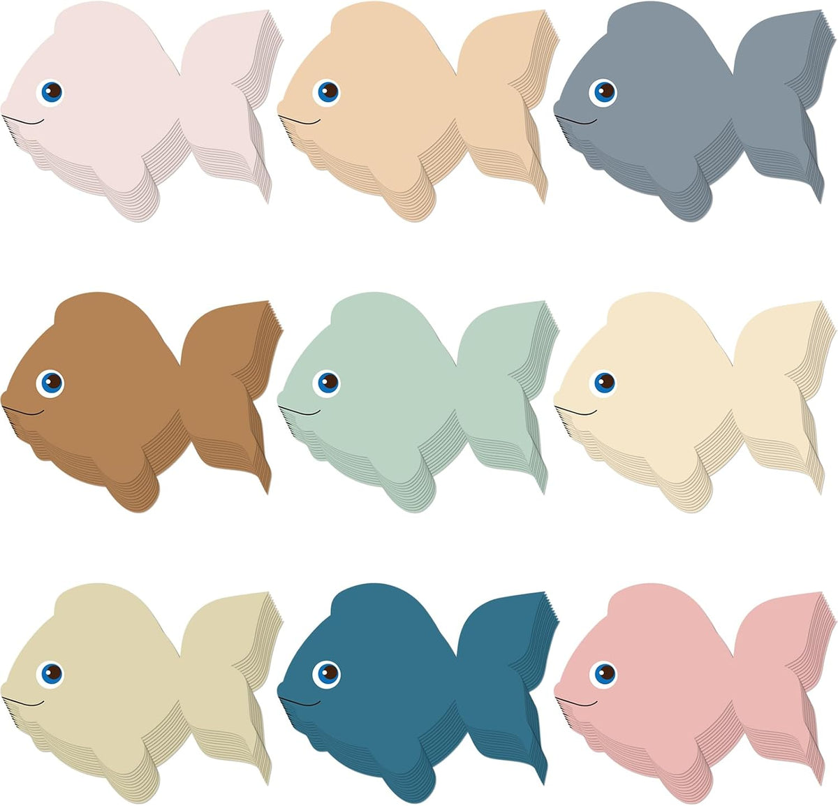 Fuutreo fish paper cutouts front view showing assorted colorful fish shapes