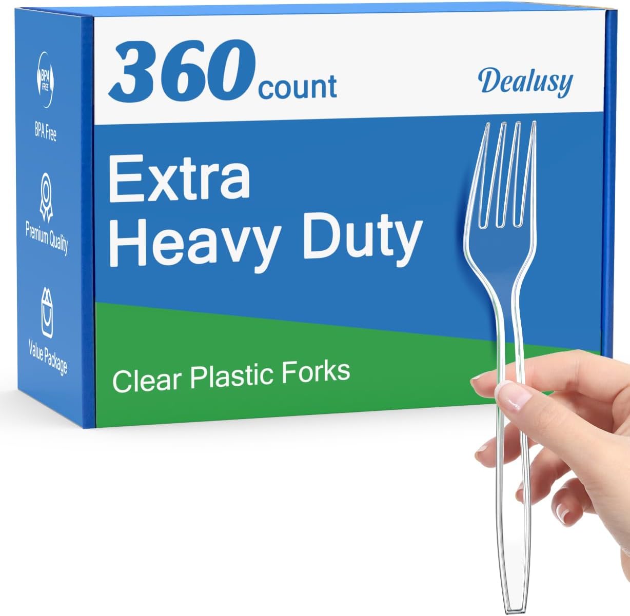 Dealusy 360 Count Extra Heavy Duty Clear Plastic Forks front view disposable catering cutlery.