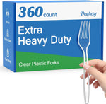Dealusy 360 Count Extra Heavy Duty Clear Plastic Forks front view disposable catering cutlery.