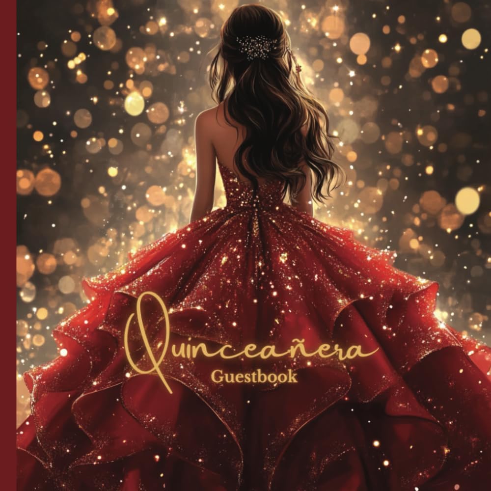 Red Quinceanera Guest Book - Princess in Gold Glitter Sparkle and Dream Fairytale Design Theme Decoration: Elegant Keepsake for Sweet 15 Birthday ... Log, and Blank Pages for Memories or Photos - Image 1