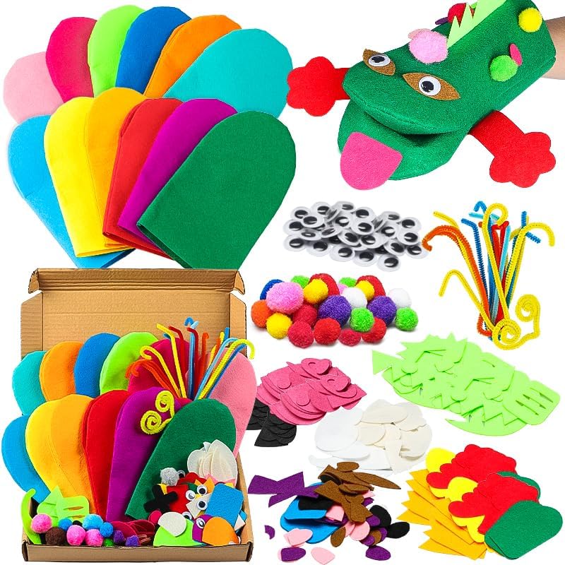 Watinc 12 pieces hand puppet making kit front view with colorful felt puppets