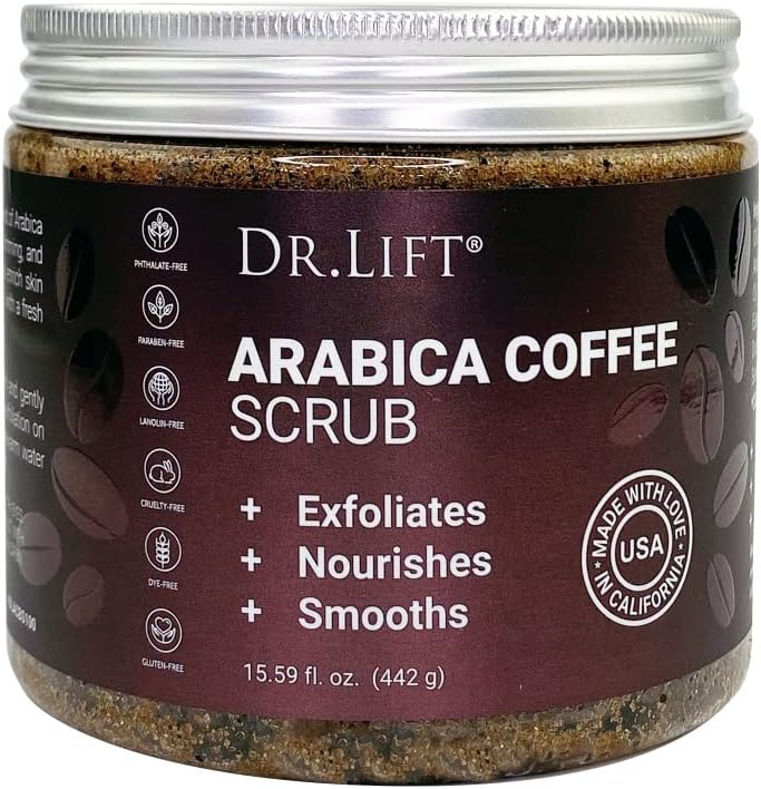 Dr. Lift Arabica Coffee Full Body Scrub 15.59 Ounce jar front view showing moisturizing and exfoliating product benefits.