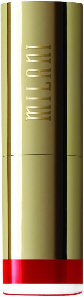 Close up of Milani Ruby Valentine lipstick shade and gold tube