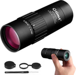 Olimt 8x32 monocular telescope pocket sized front view highlighting the large manual focus wheel.