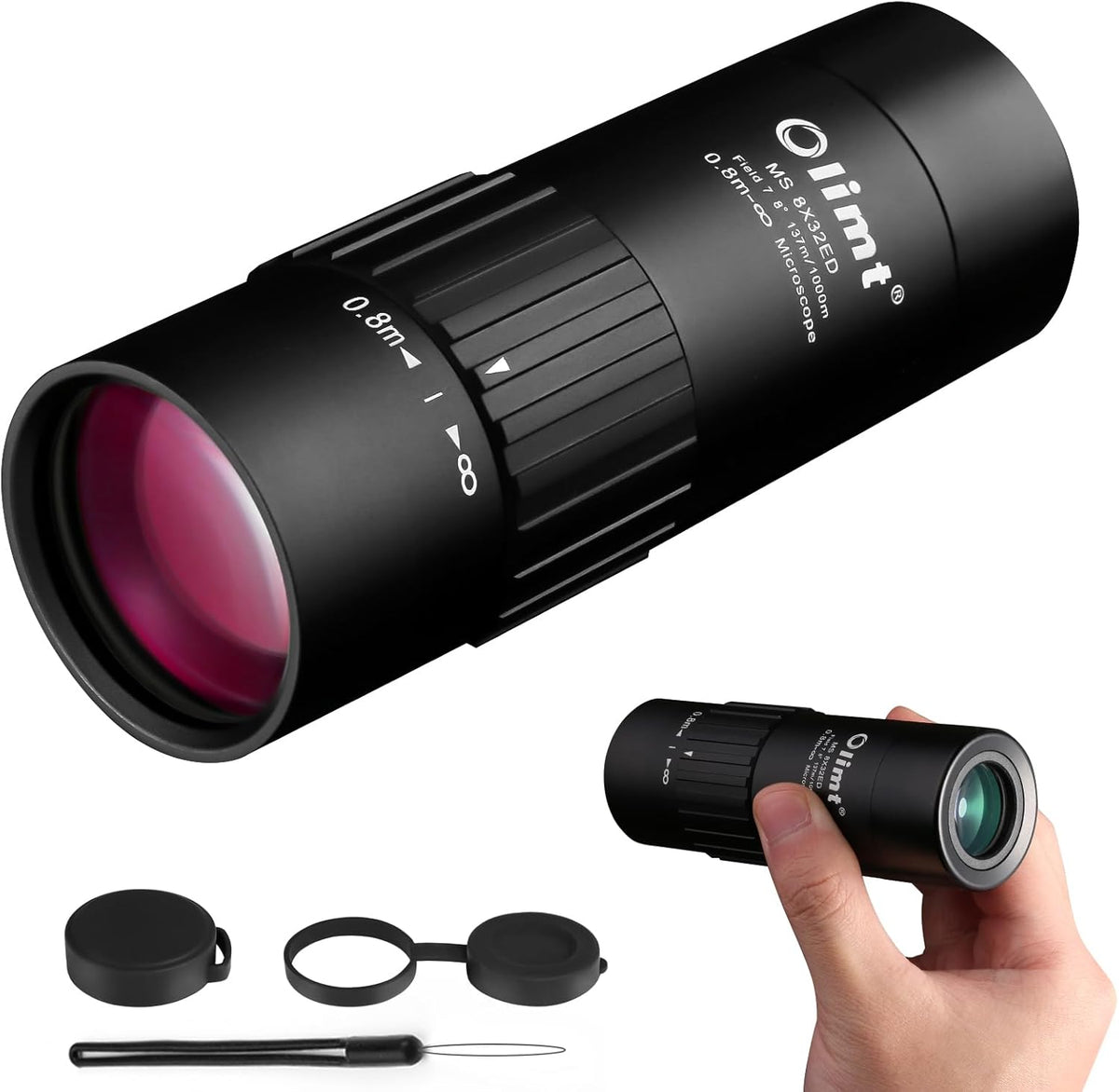 Olimt 8x32 monocular telescope pocket sized front view highlighting the large manual focus wheel.