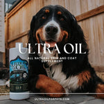 Back label of Ultra Oil liquid formula showing the detailed daily feeding dosage guide for dogs and cats by weight.