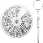 Nutjam 120 piece eyeglass repair kit front view showing the rotating organizer box with stainless steel screws.