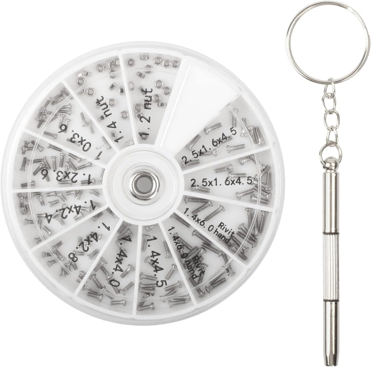 Nutjam 120 piece eyeglass repair kit front view showing the rotating organizer box with stainless steel screws.