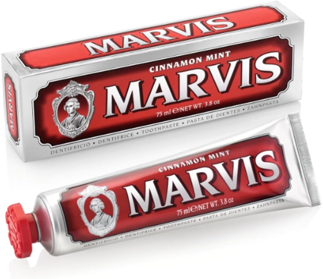 Marvis Cinnamon Mint Toothpaste front view of vintage red packaging tube