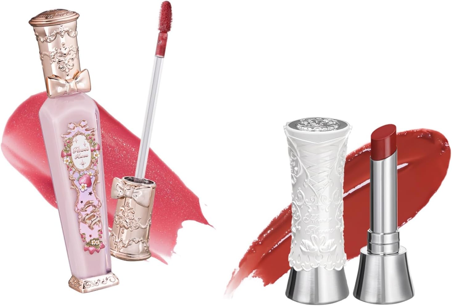 Flower Knows Violet Strawberry Rococo Lip Gloss and Swan Ballet Lip Stick combo set front view.
