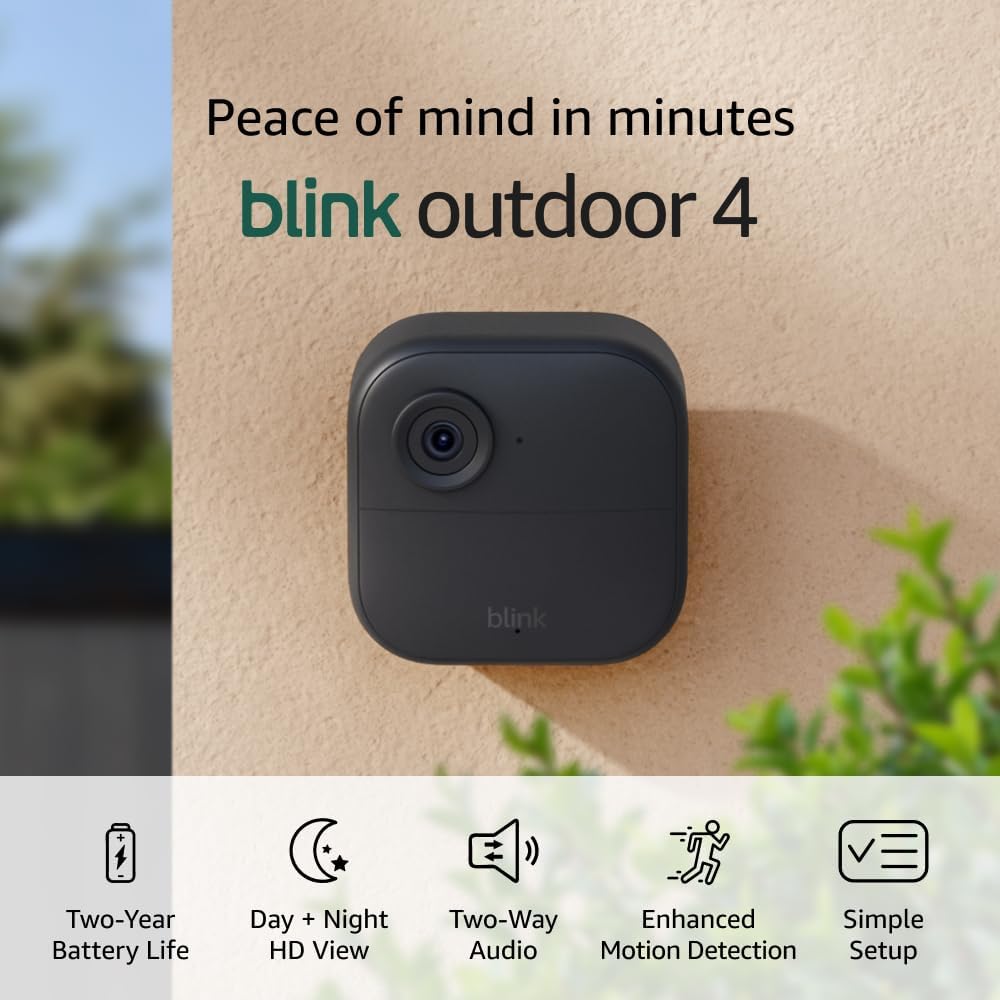 Blink Outdoor 4 wireless smart security camera front view showcasing sleek black housing and compact lens design.