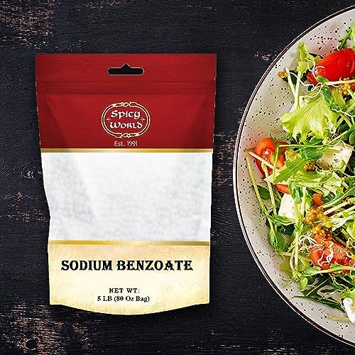 Side view of Spicy World sodium benzoate 80 ounces bulk food additive.