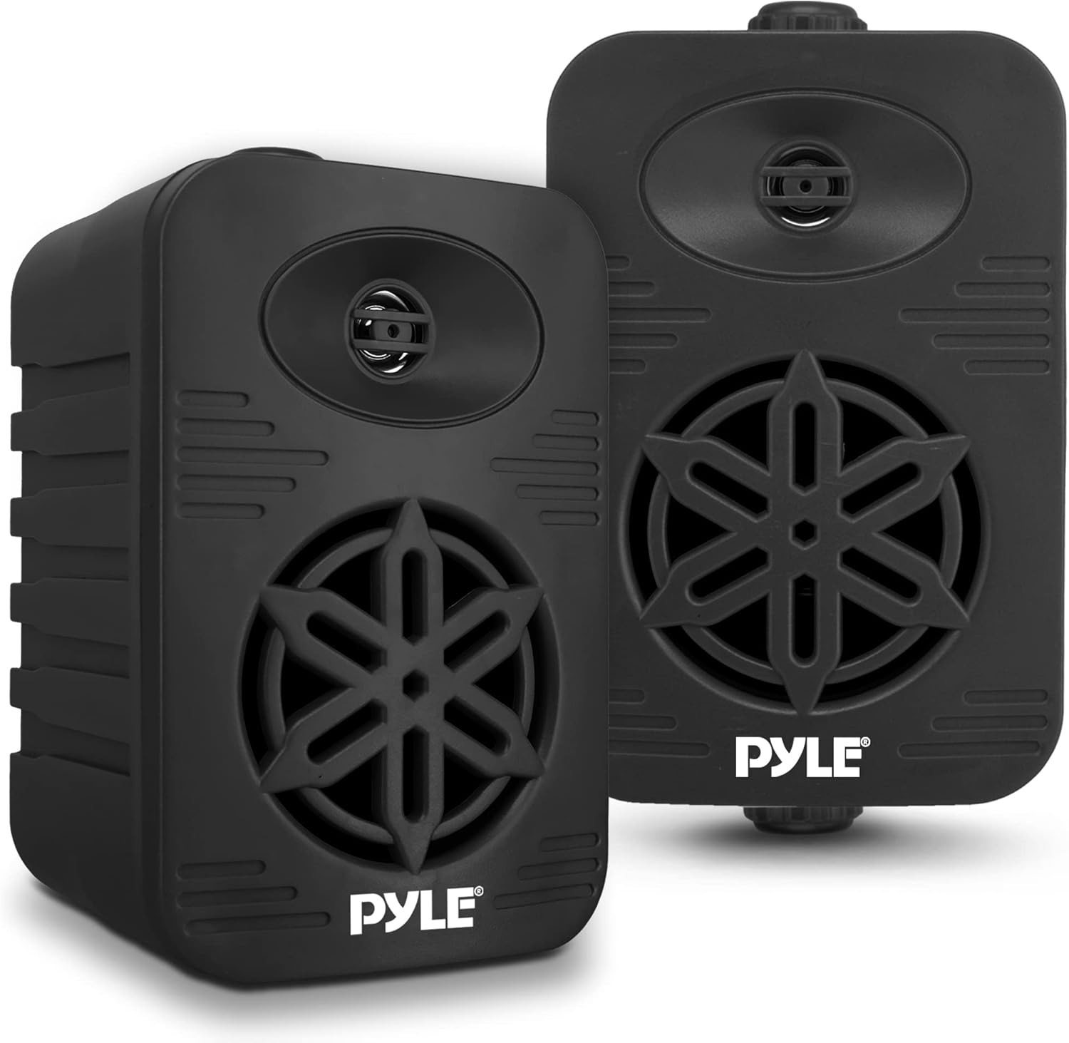 Pyle indoor outdoor waterproof speakers pair front view displaying black protective grilles.