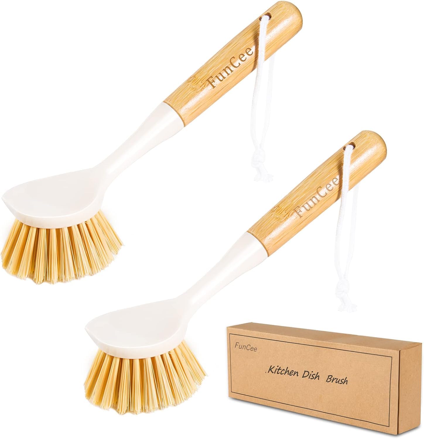 FunCee kitchen dish brushes front view showing the natural bamboo handle and white non scratch bristles.