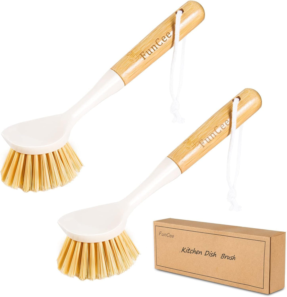 FunCee kitchen dish brushes front view showing the natural bamboo handle and white non scratch bristles.