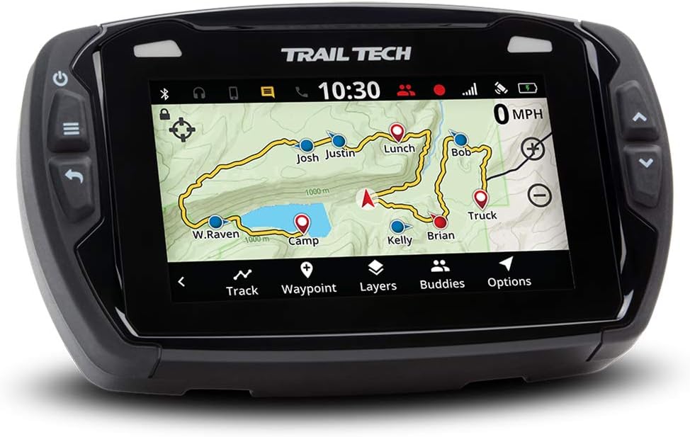 Trail Tech Voyager Pro ATV GPS front view showing the four inch color touchscreen interface