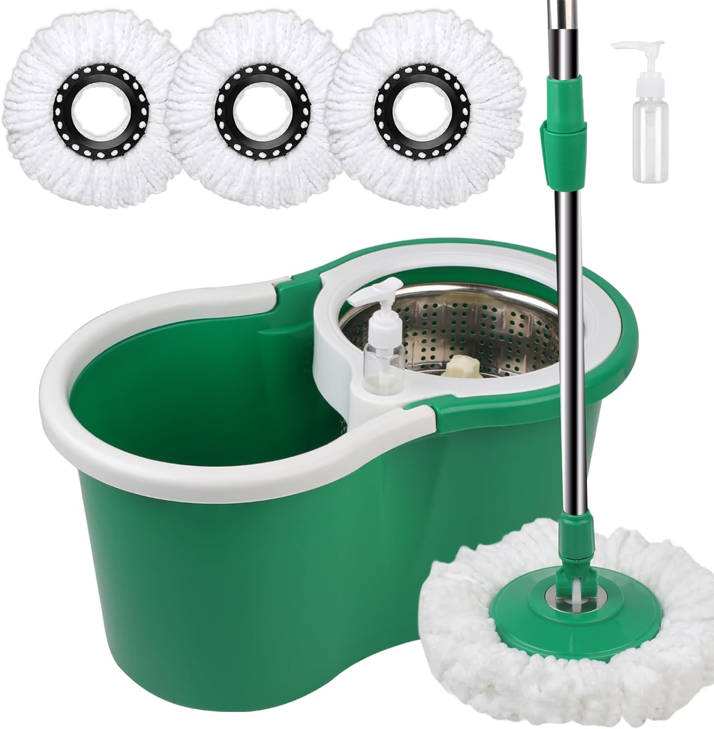 Roixeeds Spin Mop and Bucket set front view featuring green bucket and stainless steel wringer.
