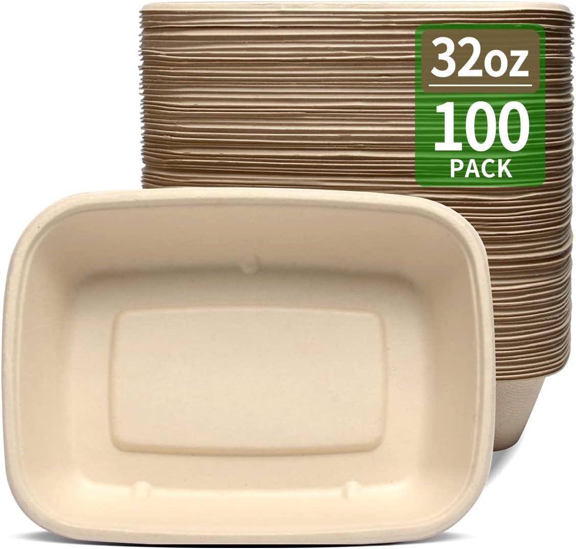 Bloomoon 100 Pack 32 Ounce Rectangle Paper Bowls front view for catering.