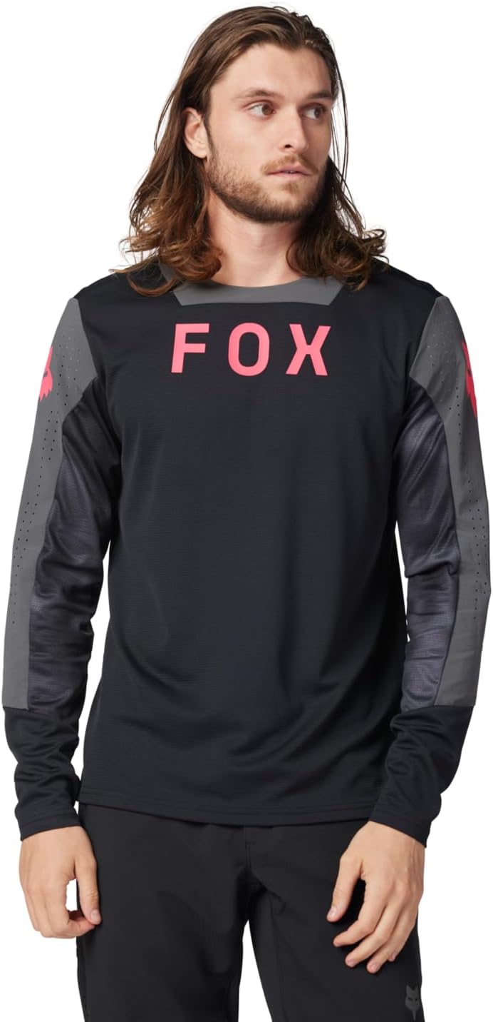 Fox Racing Men's Defend Long Sleeve Mountain Bike Jersey front view in black showing the relaxed fit trail riding design.