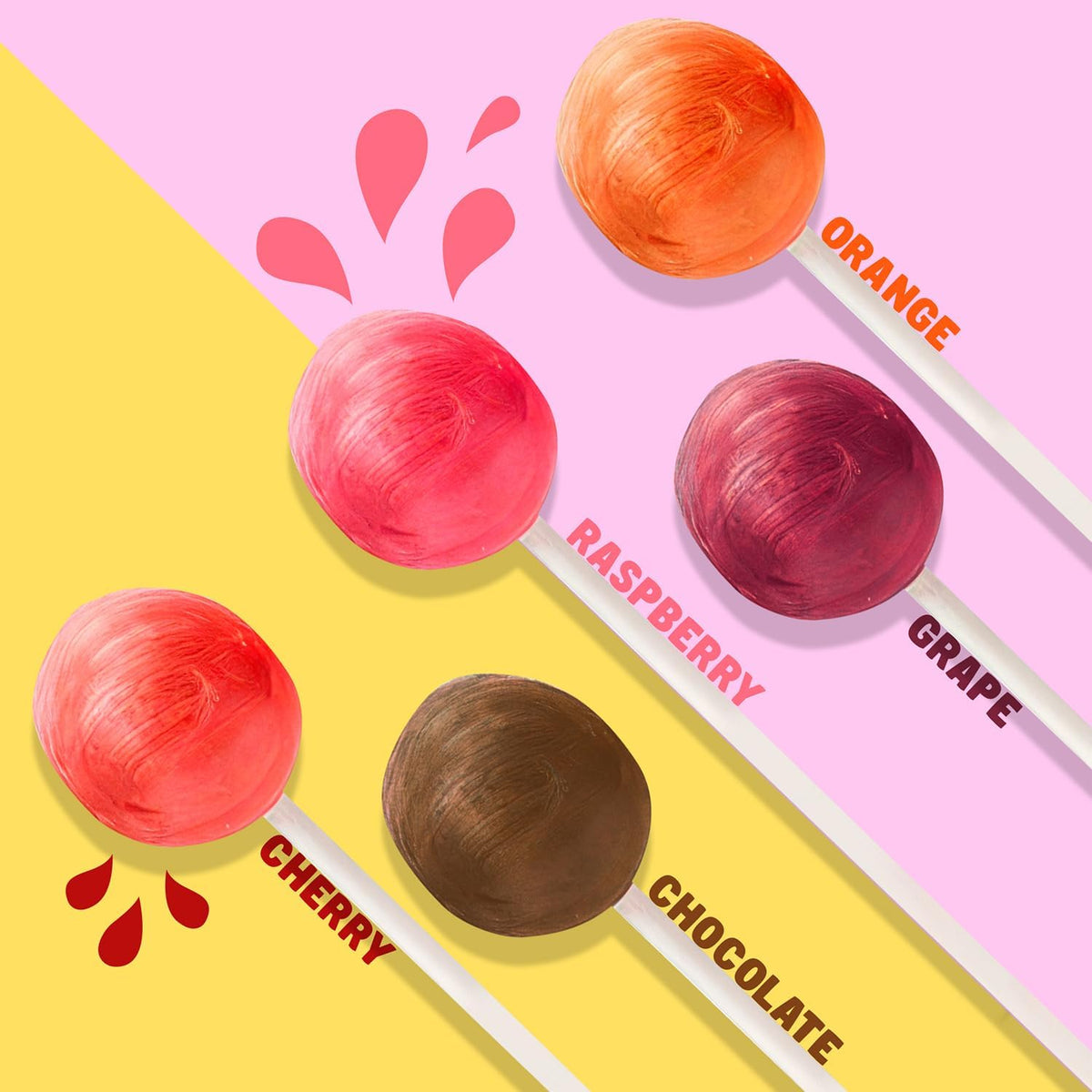 Five different flavors of individually wrapped gluten free suckers arranged neatly.