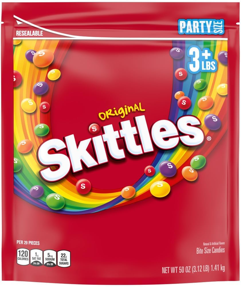 Back view of Skittles Original Fruity Candy bulk pouch displaying ingredient details and nutrition facts.