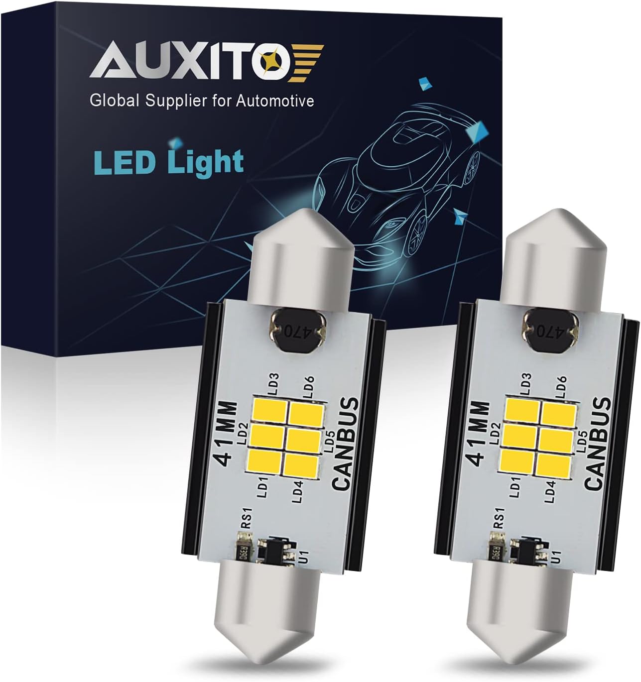 AUXITO 578 LED Bulbs front view showing the 3020 chipsets and aluminum body.