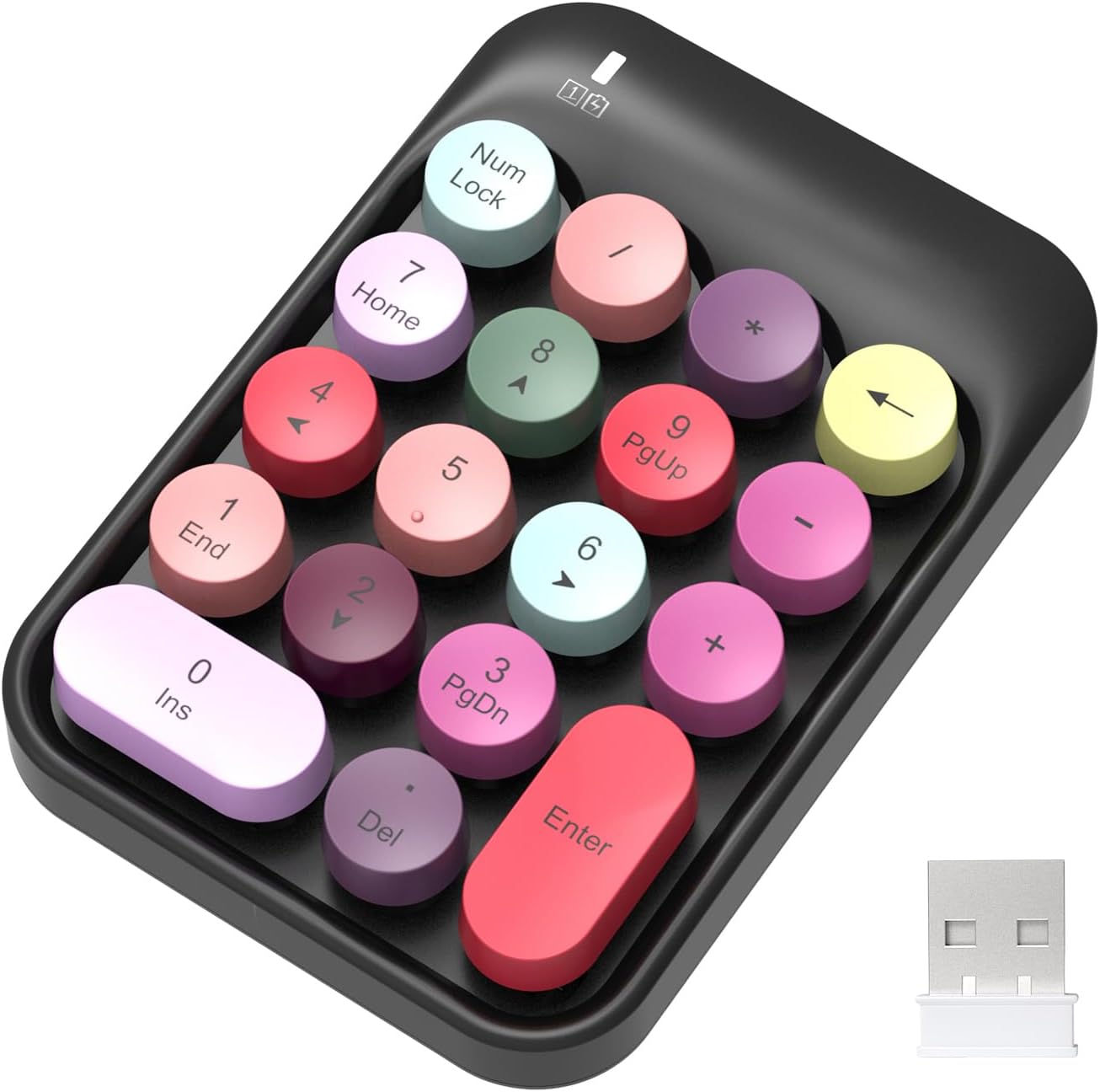 FELICON wireless numeric keypad 18 keys black mix front view showing retro round keycaps