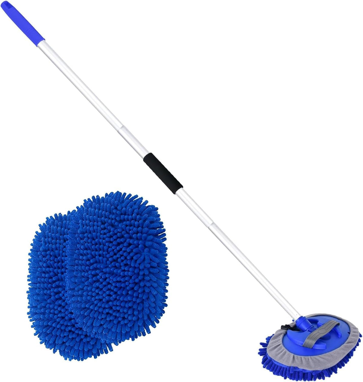 LUKCOZMO 62 Inch Microfiber Car Wash Brush Mop Kit front view showing the blue chenille head and aluminum pole for premium car detailing.