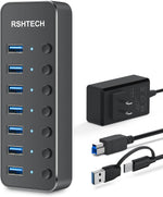 RSHTECH Powered USB Hub, USB-C/A to 4 Ports USB 3.0 Data Hub, RSH-ST04 | Portable USB Hub Splitter with 2-in-1 USB A/C Cable,5V Power Adapter and Individual Switches, for Laptop and PC - Image 9