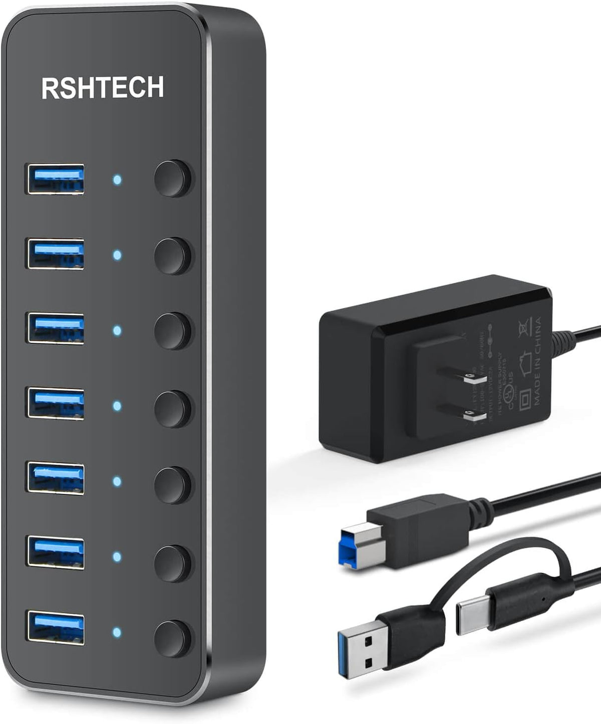 RSHTECH Powered USB Hub, USB-C/A to 4 Ports USB 3.0 Data Hub, RSH-ST04 | Portable USB Hub Splitter with 2-in-1 USB A/C Cable,5V Power Adapter and Individual Switches, for Laptop and PC - Image 9