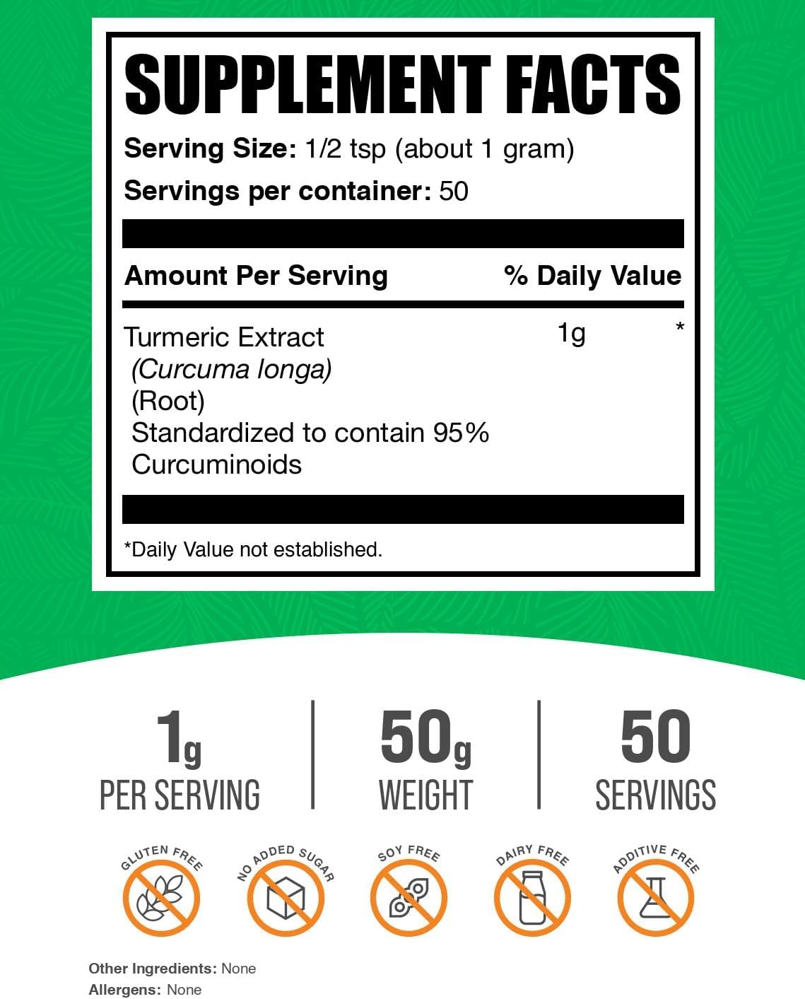BulkSupplements Turmeric Curcumin Extract Powder nutritional information and serving size details.