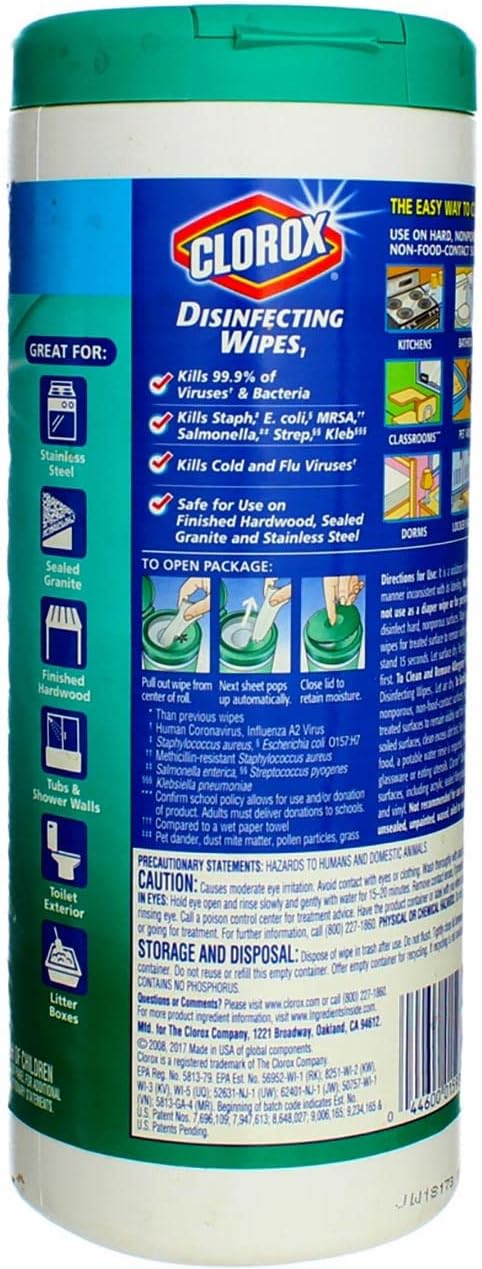 Clorox disinfecting wipes packaging back label details