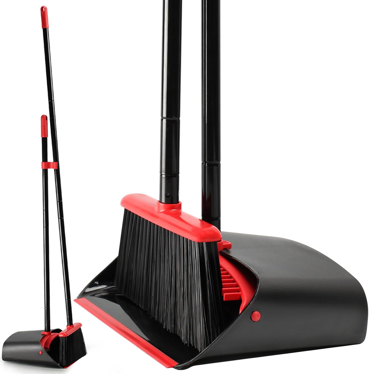 TreeLen Broom and Dustpan Set front view standing upright for kitchen floor cleaning.