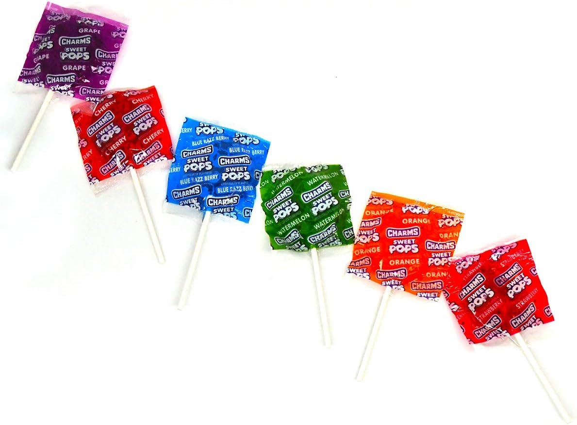 Tootsie Roll assorted lollipops display box with blue raspberry and cherry flavors.